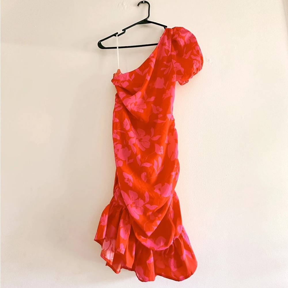 Red and Pink Floral One-Shoulder Dress